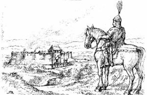 Szkic jeźdźca na koniu, w tle osada.