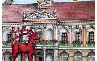 Grafika przedstawiająca czerwonego jelenia, w tle ratusz w Magdeburgu