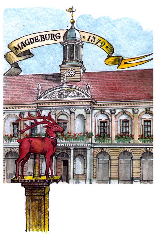 Grafika przedstawiająca czerwonego jelenia, w tle ratusz w Magdeburgu