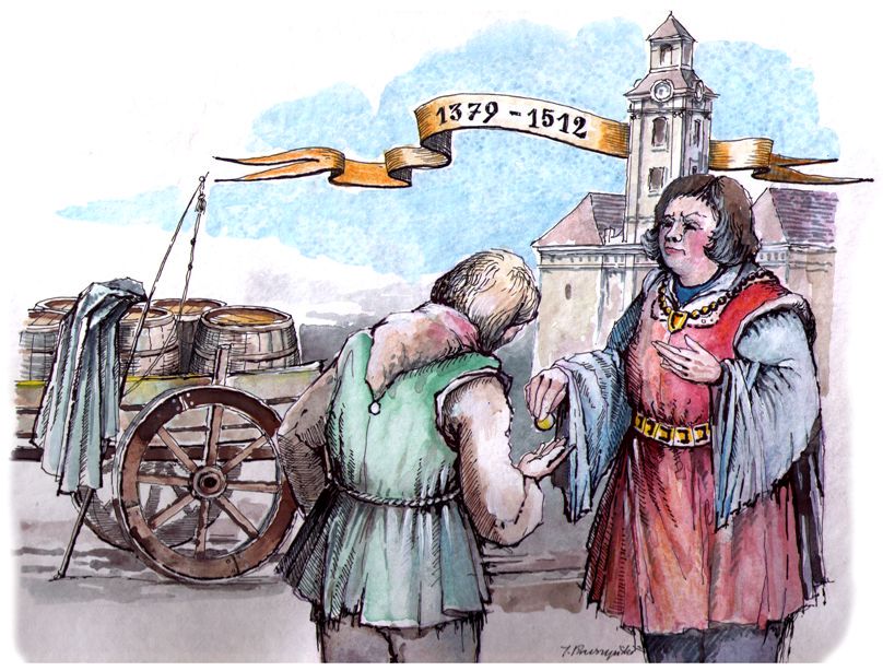 Grafika przedstawiająca dwóch kupców, w tle wóz z beczkami oraz ratusz i daty 1379 - 1512