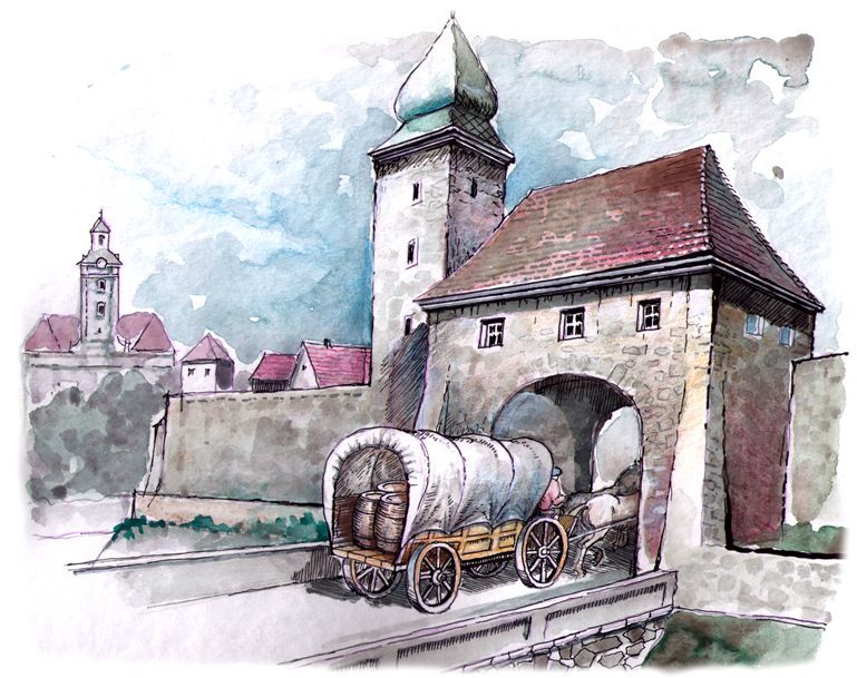 Grafika przedstawiająca wóz z beczkami wjeżdżający w bramę miasta.