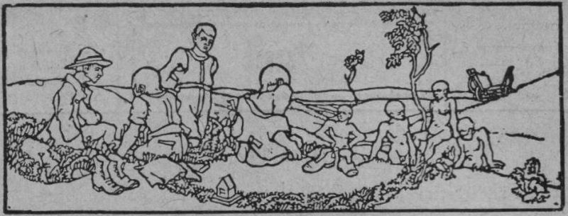 Rycina przedstawiające ludzi rozbierających się na polu.