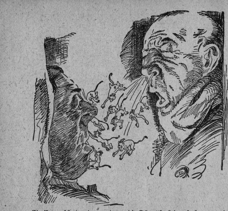 Rycina przedstawiająca kichającego mężczyznę i zarazki w kształcie diabełków.