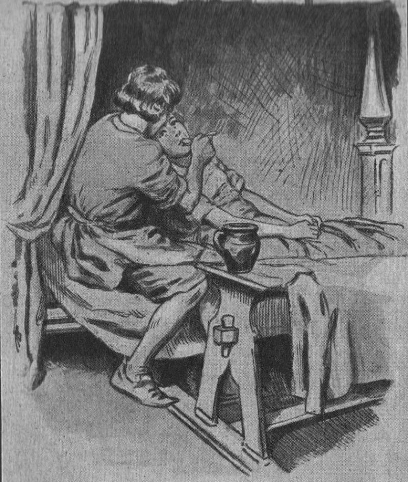 Rycina przedstawiająca mamę podającą dziecku łyżką lekarstwo
