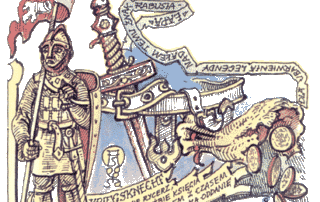 Rycina przedstawiające rycerza w zbroi.