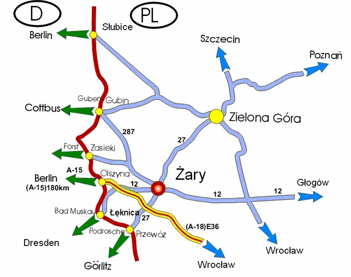 Mapa dróg dojazdowych do Miasta Żary