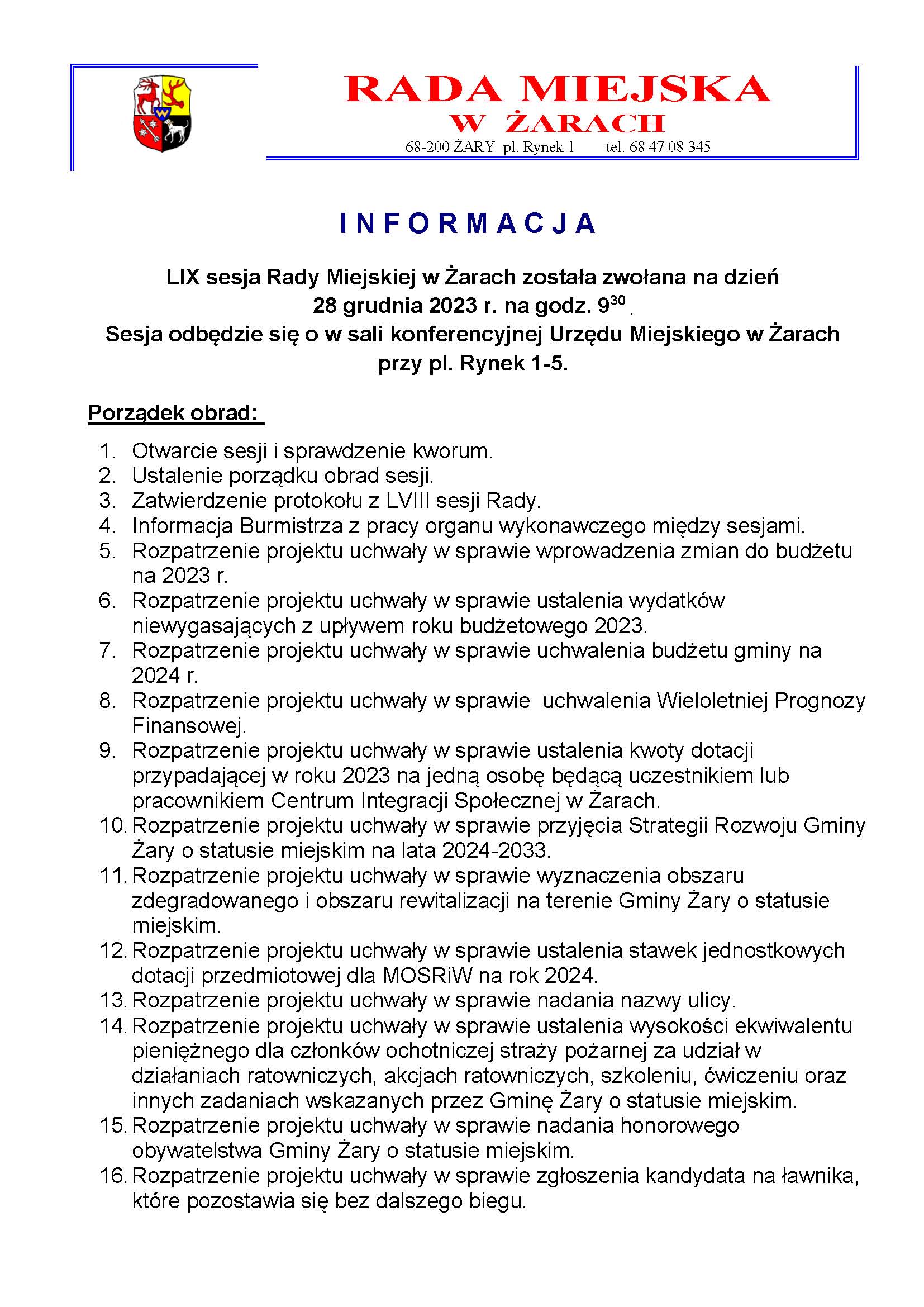 Informacja o LIX sesji Rady Miejskiej w Żarach